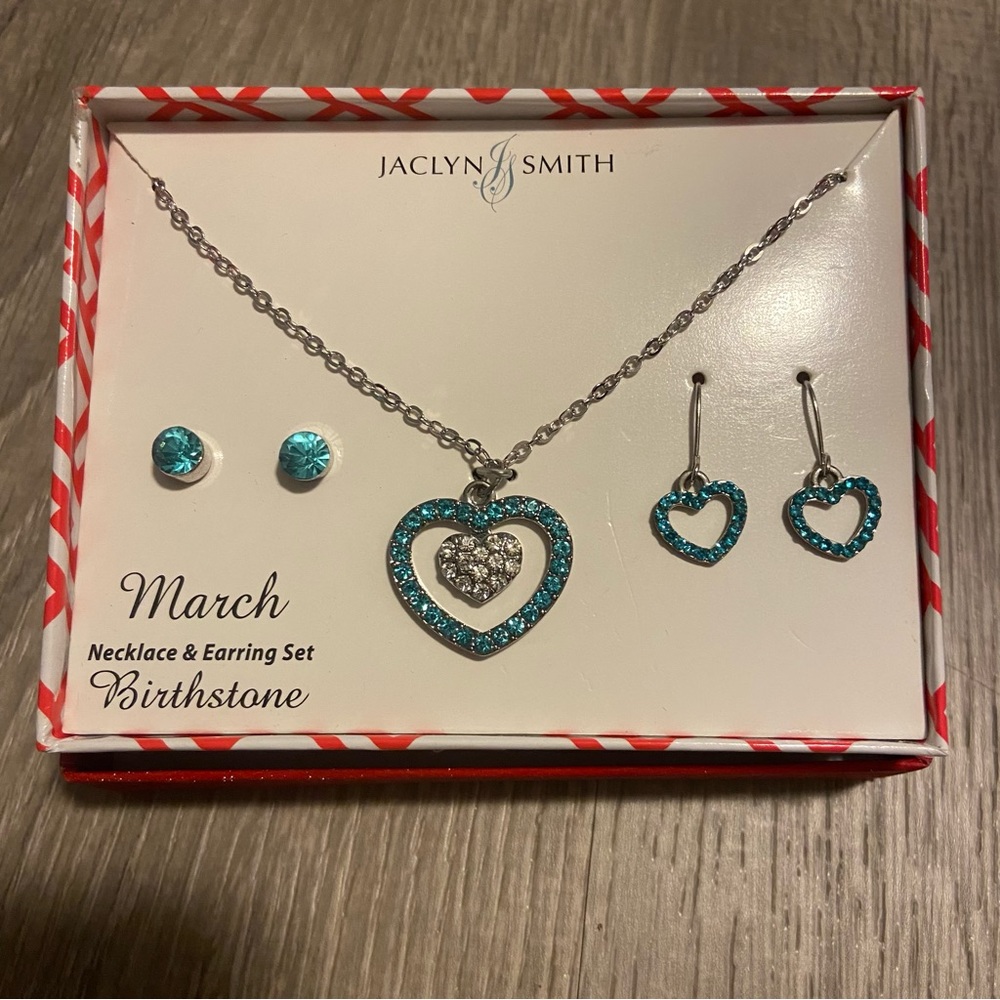 NWT Jaclyn Smith March birthstone jewelry set: necklace & 2 pair of earrings